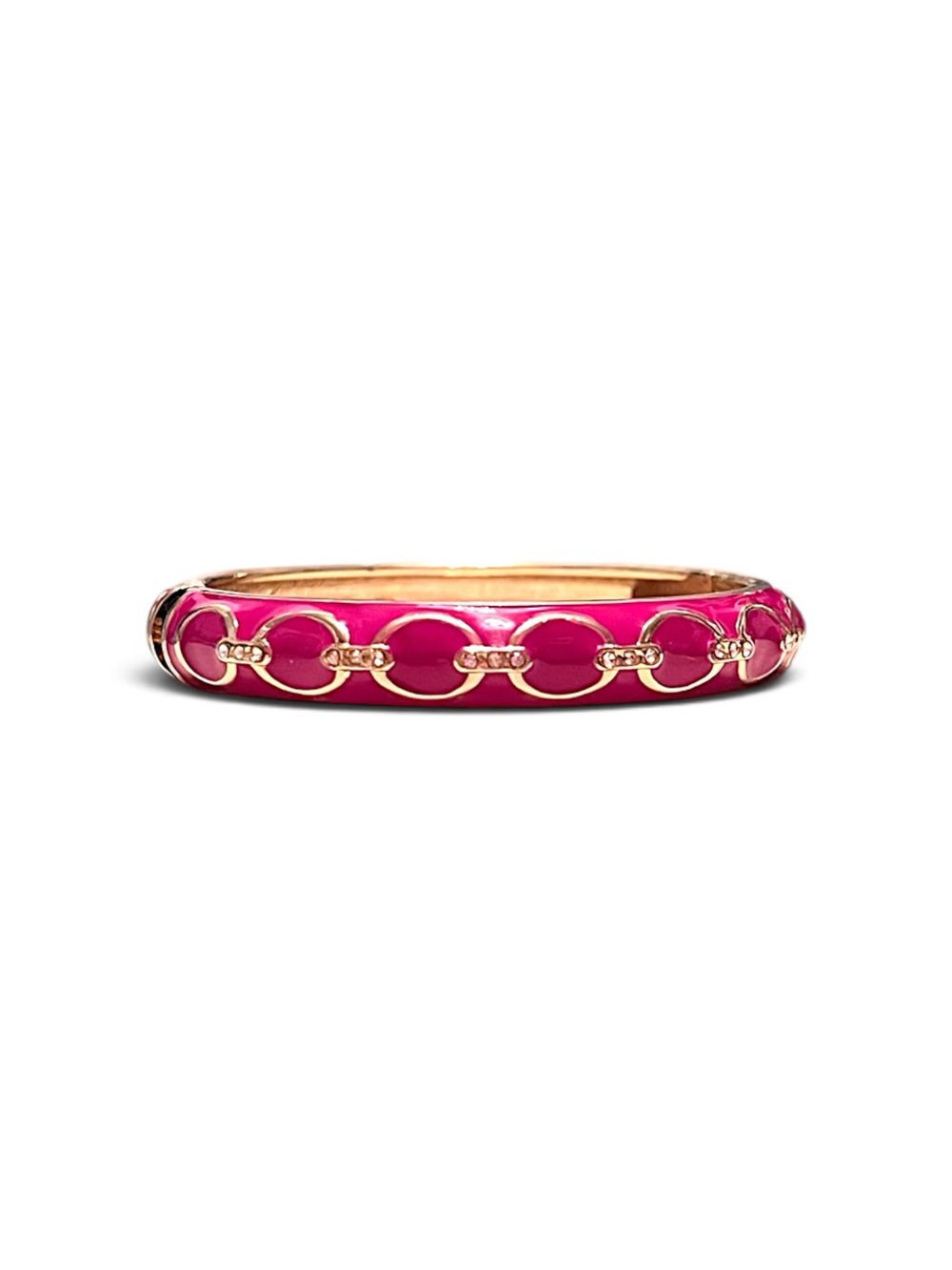 Sequin Hot Pink Enamel Gold Link Crystal Hinged Bangle Bracelet